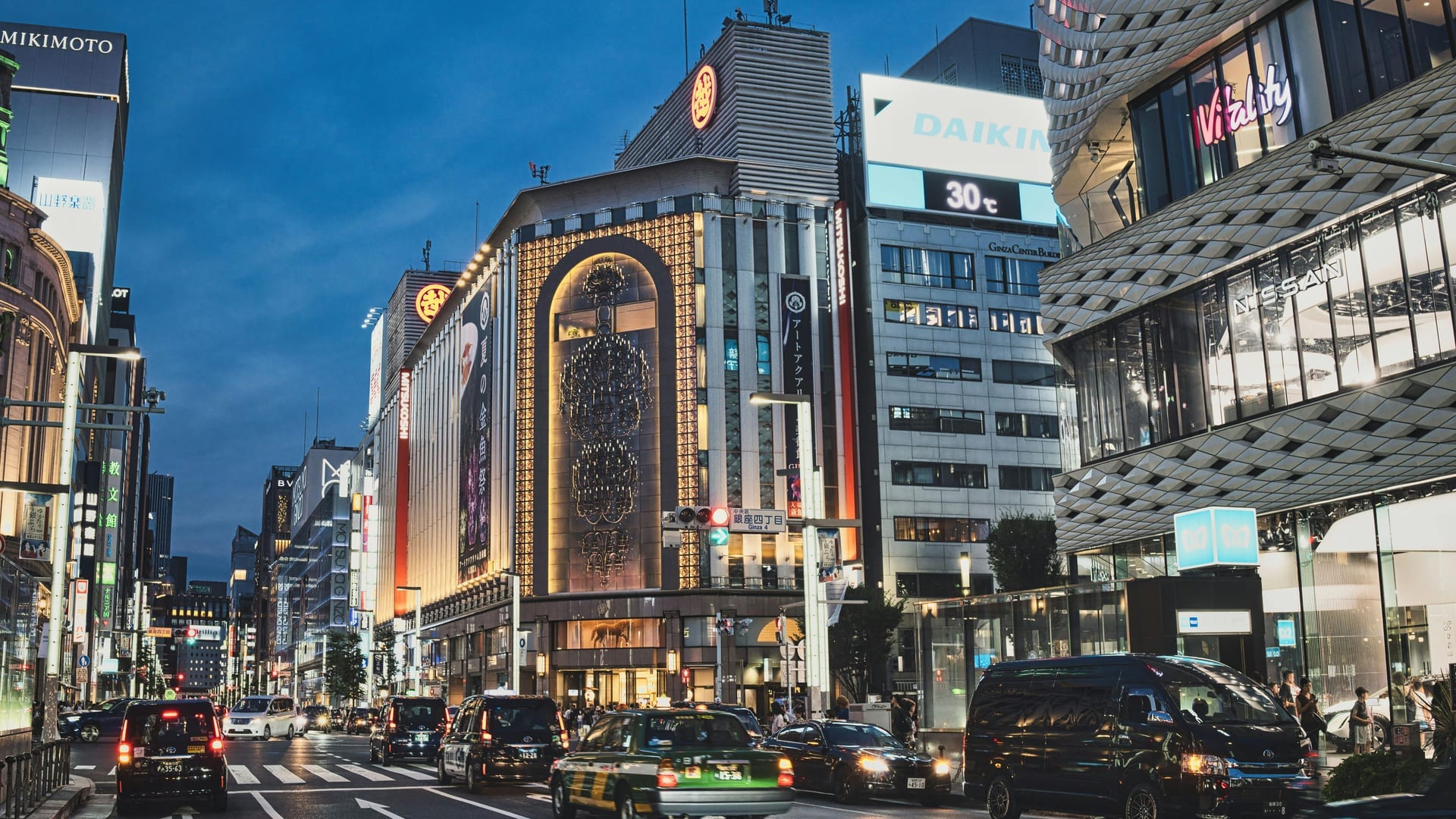 Kabukiza Theatre traditional roof and surrounding towers in Ginza, Tokyo, Japan